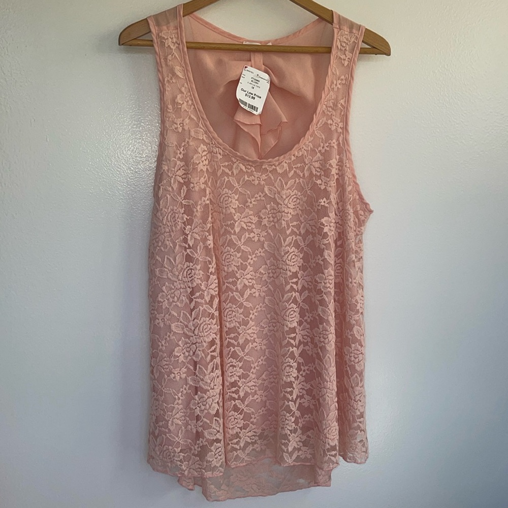 Womens juniors open back lace tank blouse cute pink top size 1X plus size NEW